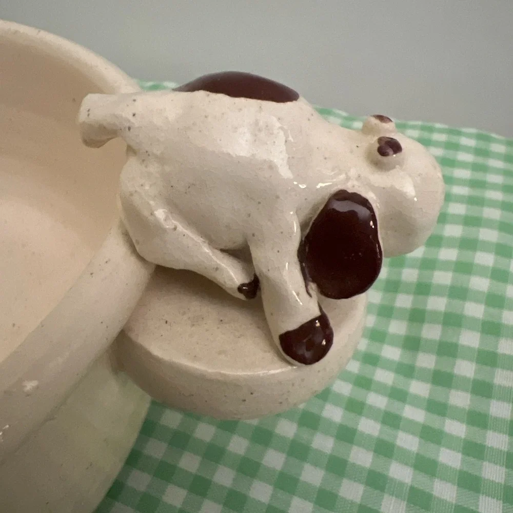 Sm Dog‎ Food Water Bowl White Dog Brown Spots Glazed Studio Pottery Signed 5